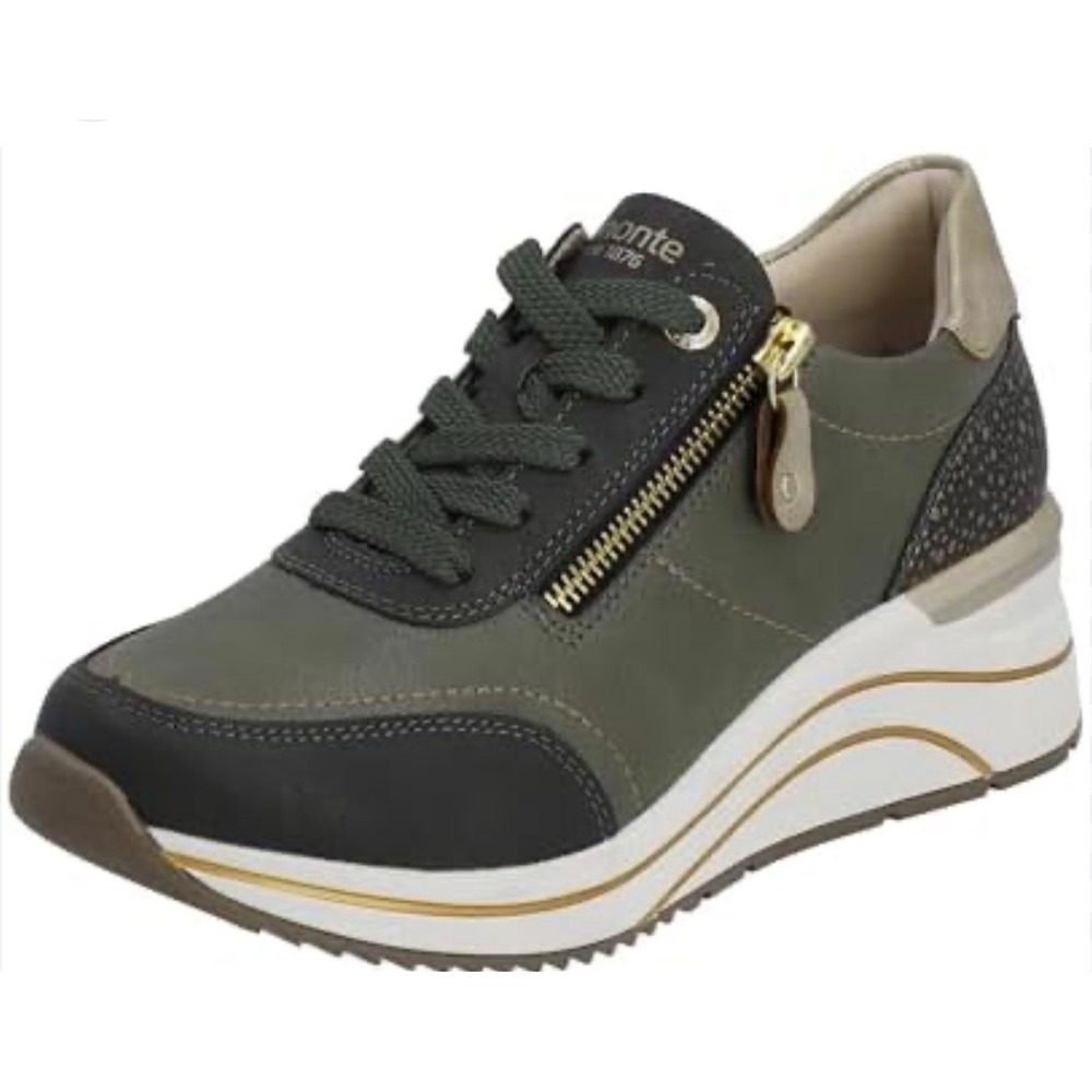 NWOT Remonte Women Olive Green Black Leather Platform Sneakers Size 39 US 8.5